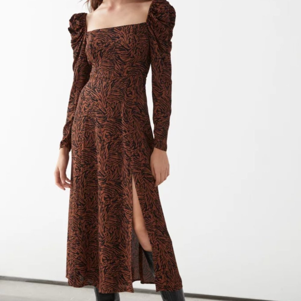 MOVING - MAKE AN OFFER & Other Stories Satin Square Neck Midi Dress Brown Zebra